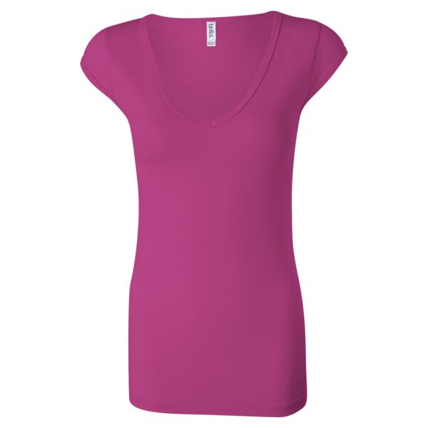 Ladies' Sheer Mini Rib Cap Sleeve V-Neck T-Shirt Thumbnail