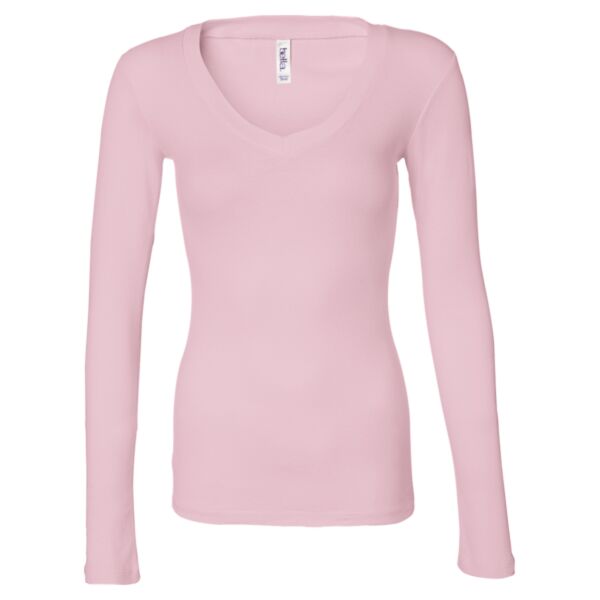 Ladies' Sheer Mini Rib Long Sleeve V-Neck T-Shirt Thumbnail