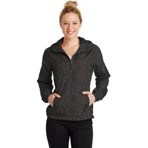 Sport Tek LST40 Ladies Heather Block Raglan Hooded Wind Jacket Thumbnail